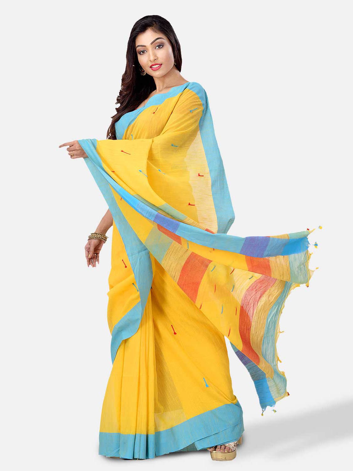 Women Traditional Handloom Woven Design Bengal Khadi Cotton Tant Saree With Blouse Piece Yellow with blue border